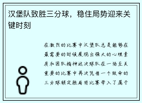 汉堡队致胜三分球，稳住局势迎来关键时刻